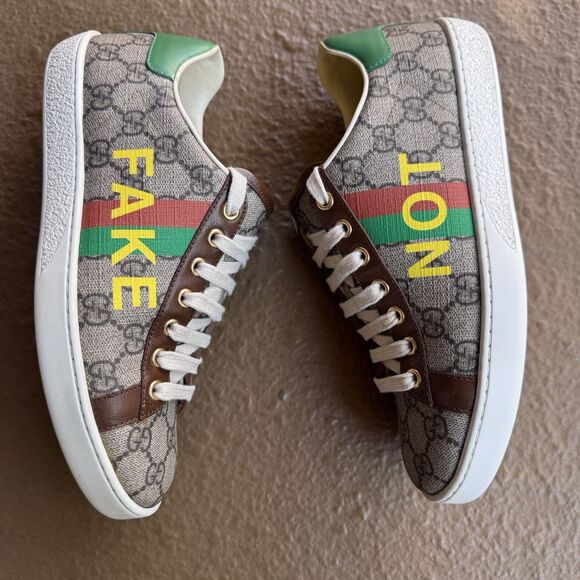 Gucci Shoes - GUCCI Ace Supreme Leather Fake Not Canvas Print Sneaker Women's Brown EU 37